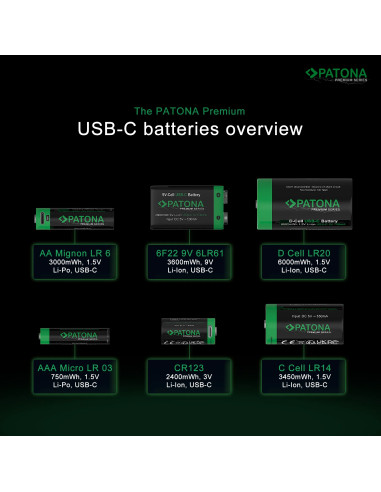 2x Batterie 9V Premium USB-C 3600mWh 1,5V