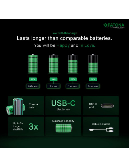 2x Batterie 9V Premium USB-C 3600mWh 1,5V