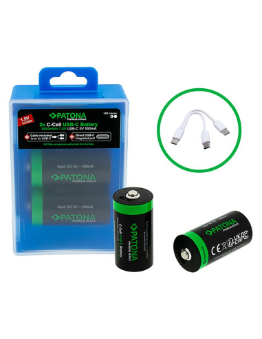 PATONA PREMIUM USB-C 2X LR14 BABY C BATTERIES LITHIUM 3450MWH 1.5V RECHARGEABLE WITH 1 TO 2 USB-C CHARGING CABLE