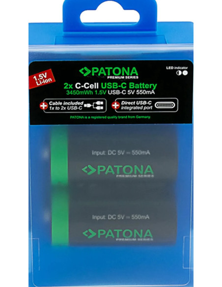 PATONA PREMIUM USB-C 2X LR14 BABY C BATTERIES LITHIUM 3450MWH 1.5V RECHARGEABLE WITH 1 TO 2 USB-C CHARGING CABLE