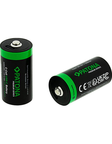 PATONA PREMIUM USB-C 2X LR14 BABY C BATTERIES LITHIUM 3450MWH 1.5V RECHARGEABLE WITH 1 TO 2 USB-C CHARGING CABLE