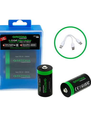 PATONA PREMIUM USB-C 2X LR14 BABY C BATTERIES LITHIUM 3450MWH 1.5V RECHARGEABLE WITH 1 TO 2 USB-C CHARGING CABLE
