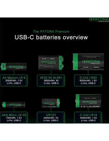 PATONA PREMIUM USB-C 2X LR14 BABY C BATTERIES LITHIUM 3450MWH 1.5V RECHARGEABLE WITH 1 TO 2 USB-C CHARGING CABLE