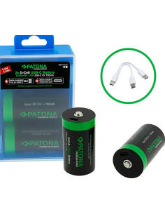 PATONA PREMIUM USB-C 2X LR20 MONO D BATTERIES LITHIUM 6000MWH 1.5V RECHARGEABLE WITH 1 TO 2 USB-C CHARGING CABLE 2