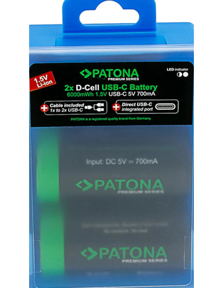 PREMIUM USB-C 2X LR20 MONO D BATTERIES LITHIUM 6000MWH 1.5V RECHARGEABLE WITH 1 TO 2 USB-C CH