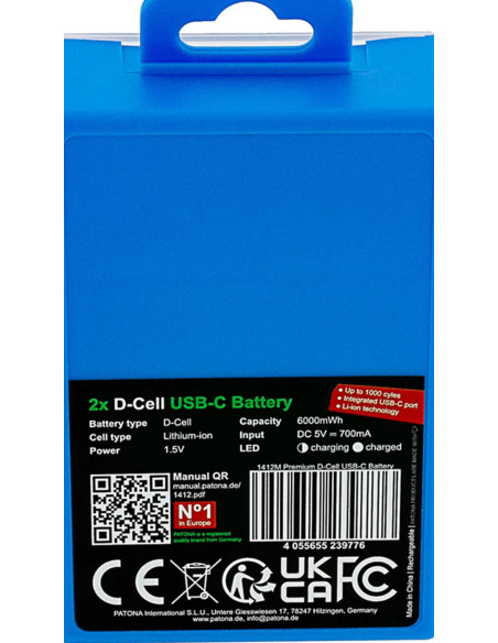 PREMIUM USB-C 2X LR20 MONO D BATTERIES LITHIUM 6000MWH 1.5V RECHARGEABLE WITH 1 TO 2 USB-C CH