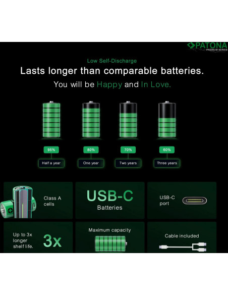 PREMIUM USB-C 2X LR20 MONO D BATTERIES LITHIUM 6000MWH 1.5V RECHARGEABLE WITH 1 TO 2 USB-C CH