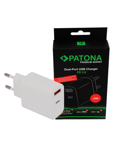 PATONA PREMIUM CHARGER 18W PD QC 3.0 1X USB-C 1X USB-A 5V 3A FOR APPLE SAMSUNG ETC.