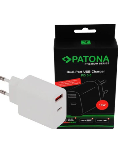 PATONA PREMIUM CHARGER 18W PD QC 3.0 1X USB-C 1X USB-A 5V 3A FOR APPLE SAMSUNG ETC.