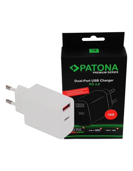 PATONA PREMIUM CHARGER 18W PD QC 3.0 1X USB-C 1X USB-A 5V 3A FOR APPLE SAMSUNG ETC.