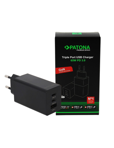PATONA CARICABATTERIA PREMIUM GAN PD65W 2XUSB-C 1XUSB-A PD3.0 QC3.0 BLACK