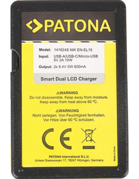 PATONA SMART DUAL LCD USB CHARGER NIKON EN-EL15 ENEL15 D600 D610 D7000 D7100 D800 D8000 D800E D810 Z6 Z7