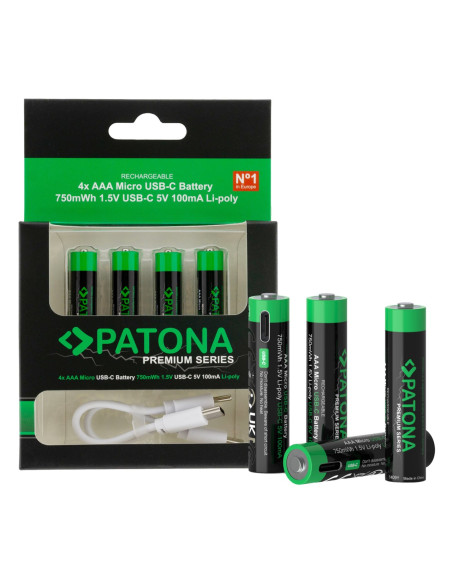Premium 4X AAA Batterie Ricaricabili al Litio con porta USB-C 500mAh 1.5V con cavo incluso