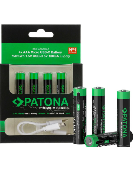 Premium 4X AAA Batterie Ricaricabili al Litio con porta USB-C 500mAh 1.5V con cavo incluso