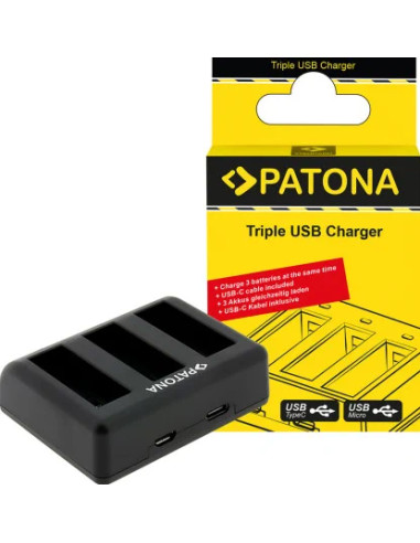 PATONA CARICATORE TRIPLO PER  DJI OSMO ACTION 3 E  OSMO ACTION 4 BCX202 CAVO USB-C INCLUSO