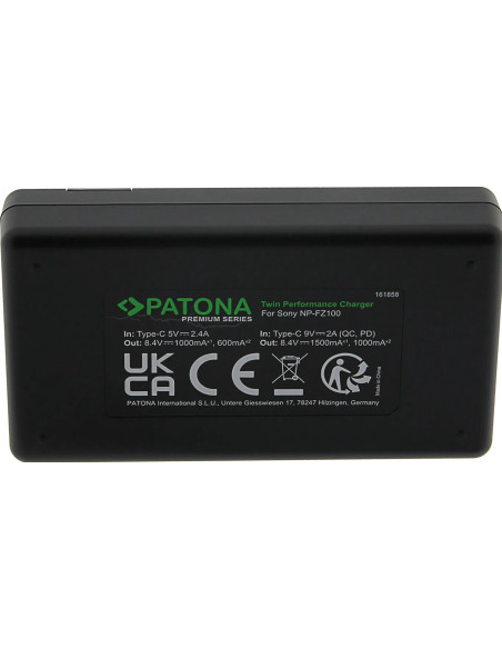 PATONA PREMIUM TWIN PERFORMANCE PD CHARGER FOR SONY NP-FZ100 A7 III A7M3 ALPHA 7 III A7 R III A7RM3 ALPHA 7 R III A9 INCL. USB-C