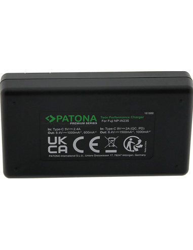 PATONA PREMIUM TWIN PERFORMANCE PD CHARGER FOR FUJI NP-W235 FUJIFILM X-T4 XT4 INCL. USB-C CABLE