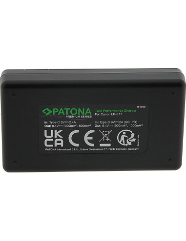 PATONA PREMIUM TWIN PERFORMANCE PD CHARGER FOR CANON LP-E17 EOS 750D 760D 8000D KISS X8I REBEL REBEL T6I INCL. USB-C CABLE