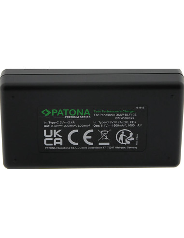 PATONA PREMIUM TWIN PERFORMANCE PD CHARGER FOR PANASONIC LUMIX DMC-GH3 GH3A GH4 DMW-BLF19 INCL. USB-C CABLE