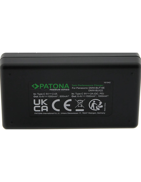 PATONA PREMIUM TWIN PERFORMANCE PD CHARGER FOR PANASONIC LUMIX DMC-GH3 GH3A GH4 DMW-BLF19 INCL. USB-C CABLE