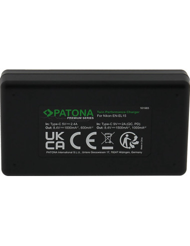 PATONA PREMIUM TWIN PERFORMANCE PD CHARGER FOR NIKON EN-EL15 D600 D750 D800 D810 D810A D7000 D7100 D7200 D750 INCL. USB-C CABLE