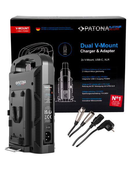 Caricabatterie Platinum a 2 canali per V-mount 6A*2 USB-C:PD100W out incluso cavo XLR a 4 pin