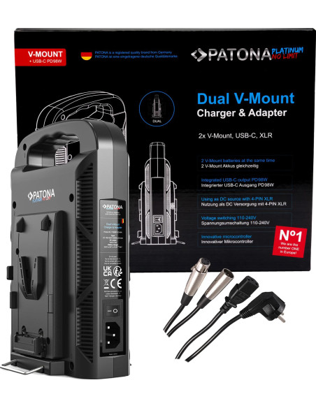 Caricabatterie Platinum a 2 canali per V-mount 6A*2 USB-C:PD100W out incluso cavo XLR a 4 pin